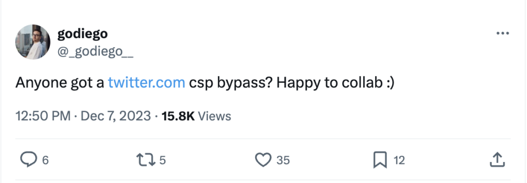 Tweet by @_godiego_ asking for help to bypass the CSP on Twitter.com